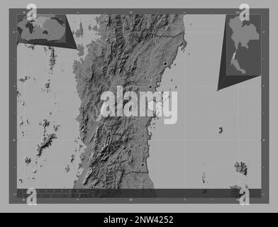 Chumphon, province of Thailand. Bilevel elevation map with lakes and rivers. Locations of major cities of the region. Corner auxiliary location maps Stock Photo