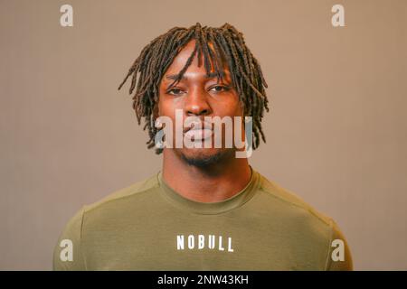 Georgia Tech linebacker Charlie Thomas runs a drill at the NFL football ...