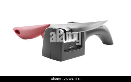 Modern handheld sharpener and knife on white background Stock Photo