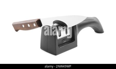 Modern handheld sharpener and knife on white background Stock Photo