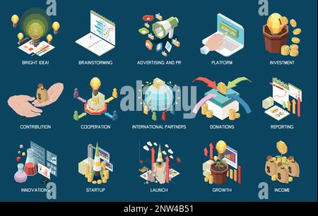 Crowdfunding isometric icons set with start up and fundraising symbols isolated vector illustration Stock Vector