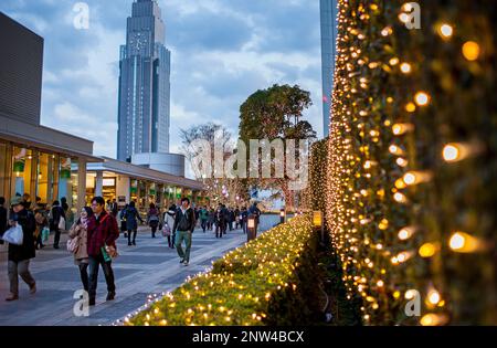 Christmas decoration, and NTT DoCoMo Yoyogi Building, southern terrace,in Shinjuku, Tokyo, Japan Stock Photo