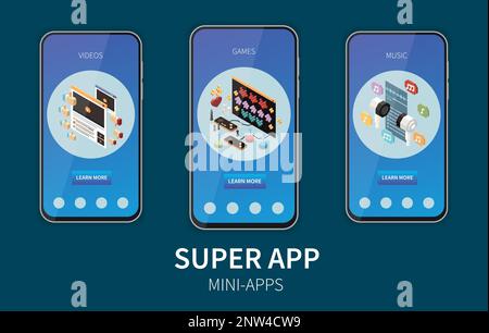 Superapp isometric flowchart with mobile phone and application icons ...