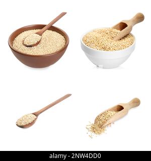 Set with raw quinoa in white background Stock Photo