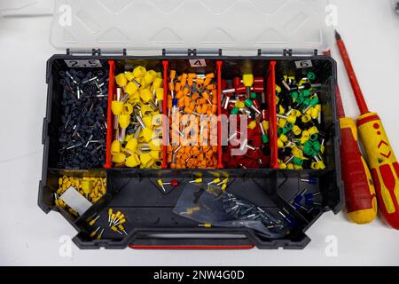 Kit with electrical pins and connectors of different sizes and shapes Stock Photo