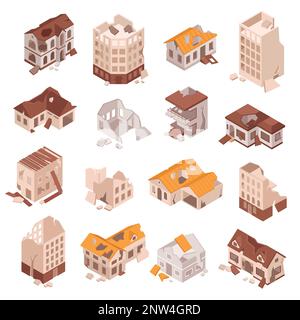 Isometric set of multi storey broken and ruined city buildings after earthquake or war isolated vector illustration Stock Vector