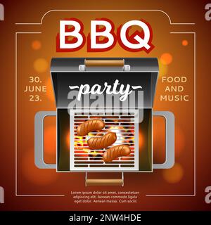 Bbq party poster. Barbecue invitation card template, picnic in backyard, grill top view with hot coals and frying sausages, 3d isolated elements Stock Vector