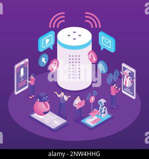 Voice assistance background with smart speaker and people communicating by voice messages isometric vector illustration Stock Vector