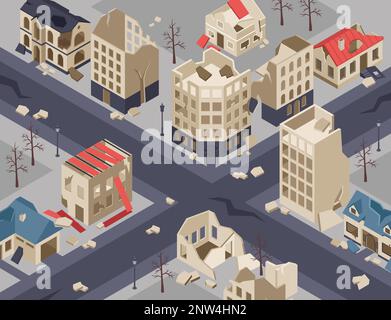 Isometric background with fragment of city ruined forsaken buildings after earthquake or war vector illustration Stock Vector