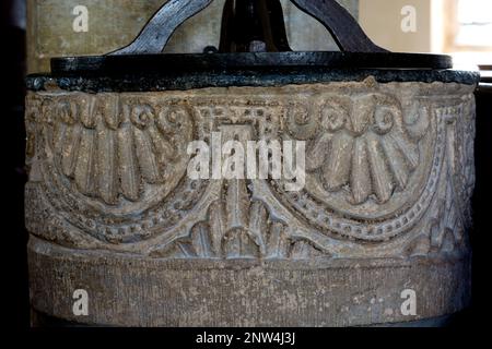 The font, St. John the Baptist Church, Tiffield, Northamptonshire, England, UK Stock Photo