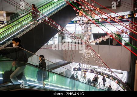 Subway, escalators at Shibuya station, Tokyo, Japan Stock Photo