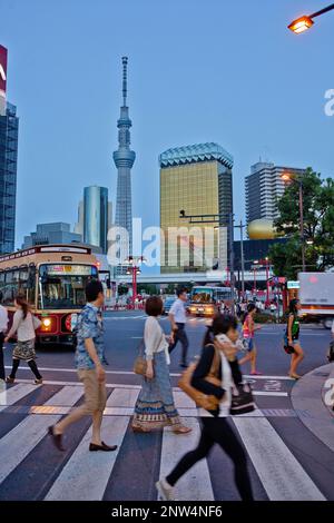 Crosswalk in Kaminarimon street, in background Sky Tree, Asakusa District, Tokyo, Japan Stock Photo