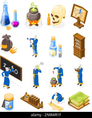 Isometric alchemy icons set with potions in flasks cauldron old alchemist reading book writing formula isolated vector illustration Stock Vector