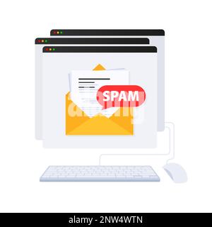 Email spamming attack. Email box hacking, spam warning. Stock Vector