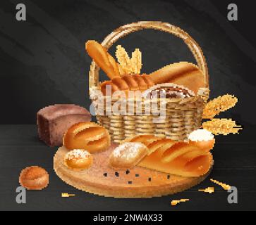 Realistic and colored bread chalkboard baking basket on wooden cutting board and different types of bread vector illustration Stock Vector