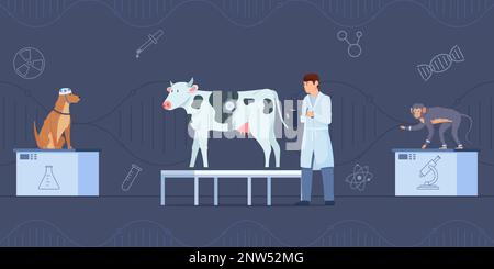 Animal experiments abstract background with laboratory testing symbols flat vector illustration Stock Vector