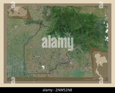 Nakhon Nayok, province of Thailand. High resolution satellite map. Locations and names of major cities of the region. Corner auxiliary location maps Stock Photo