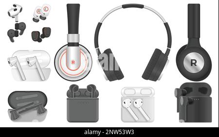 Wireless headphones realistic set with music symbols isolated vector illustration Stock Vector