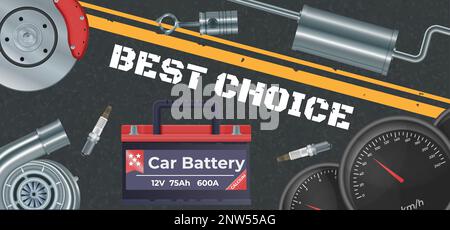 Auto parts realistic background with car battery symbols vector illustration Stock Vector