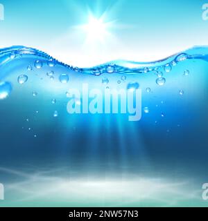 Blue water wave with bubbles and sun rays on sea bottom realistic background vector illustration Stock Vector