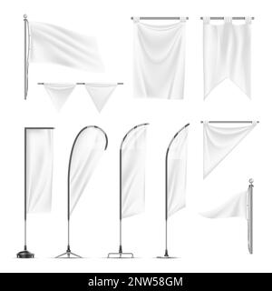 Realistic mockup set of white advertising banners flags pennants on metal poles and holders isolated vector illustration Stock Vector