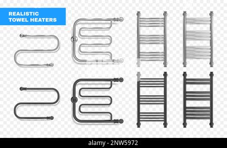 Realistic set of isolated silver and black heated towel rails on transparent background vector illustration Stock Vector