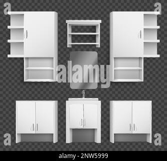Realistic set of modern white kitchen cabinets counters and shelves isolated against transparent background vector illustration Stock Vector