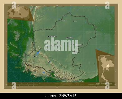 Nakhon Ratchasima, province of Thailand. Colored elevation map with lakes and rivers. Locations and names of major cities of the region. Corner auxili Stock Photo