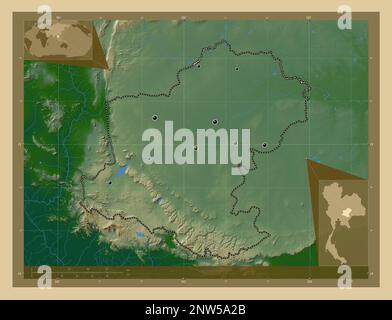 Nakhon Ratchasima, province of Thailand. Colored elevation map with lakes and rivers. Locations of major cities of the region. Corner auxiliary locati Stock Photo