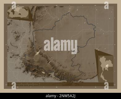 Nakhon Ratchasima, province of Thailand. Elevation map colored in sepia tones with lakes and rivers. Corner auxiliary location maps Stock Photo