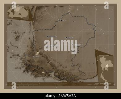 Nakhon Ratchasima, province of Thailand. Elevation map colored in sepia tones with lakes and rivers. Locations and names of major cities of the region Stock Photo