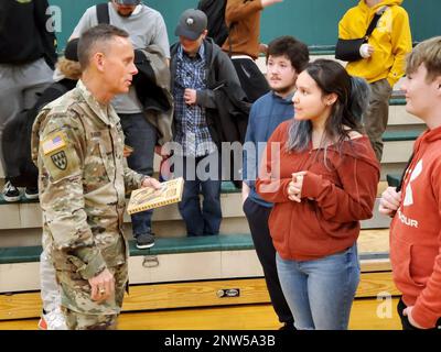 Lt. Gen. Daniel L. Karbler, commanding general, U.S. Army Space and Missile Defense Command, visits with juniors and seniors at Delta Junction High School, Delta Junction, Alaska, Feb. 1, 2023. Karbler’s visit to the school coincided with at two-day visit to nearby Fort Greely, Alaska, where he serves as the senior commander. During his visit to the school ,Karbler discussed possibilities of military service and the importance of education as the strong background to any future career. Stock Photo