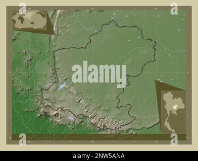 Nakhon Ratchasima, province of Thailand. Elevation map colored in wiki style with lakes and rivers. Corner auxiliary location maps Stock Photo