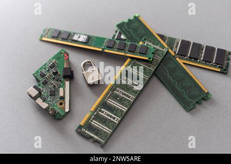 Cyber security lock. Security computer Data Internet protection with lock, key on microscheme chip. Hacker attack and data breach, information leak Stock Photo