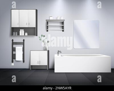 Realistic minimalist style modern bathroom interior front view with white bath black heated towel rail and two color furniture vector illustration Stock Vector