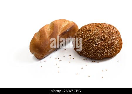 Studio Shot of two small French breads on white background Stock Photo