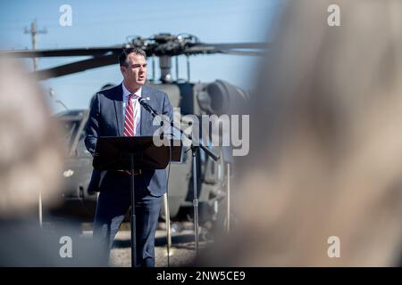 Oklahoma Governor Kevin Stitt speaks during the groundbreaking ceremony for the new Oklahoma National Guard Joint Operations Center in Chandler, Oklahoma, Feb. 17, 2023. (Oklahoma National Guard photo by Anthony Jones) Stock Photo