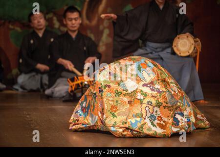 Performance of noh, in National Noh Theatre,4-18-1, Sendagaya, Shibuya-ku, Tokyo Stock Photo