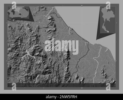 Narathiwat, province of Thailand. Bilevel elevation map with lakes and rivers. Locations of major cities of the region. Corner auxiliary location maps Stock Photo