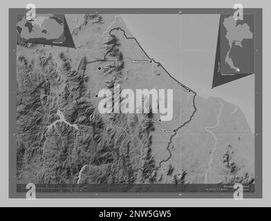 Narathiwat, province of Thailand. Grayscale elevation map with lakes and rivers. Locations and names of major cities of the region. Corner auxiliary l Stock Photo