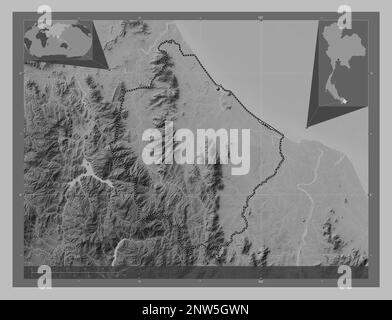 Narathiwat, province of Thailand. Grayscale elevation map with lakes and rivers. Corner auxiliary location maps Stock Photo