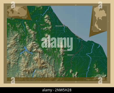 Narathiwat, province of Thailand. Colored elevation map with lakes and rivers. Locations and names of major cities of the region. Corner auxiliary loc Stock Photo