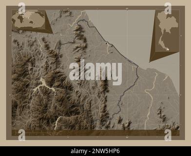 Narathiwat, province of Thailand. Elevation map colored in sepia tones with lakes and rivers. Corner auxiliary location maps Stock Photo