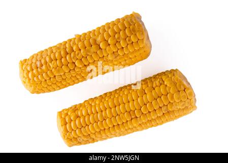Cooked corn cobs, sweet corn isolated on white with clipping path Stock Photo