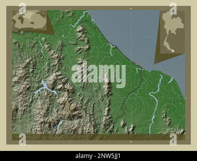 Narathiwat, province of Thailand. Elevation map colored in wiki style with lakes and rivers. Corner auxiliary location maps Stock Photo