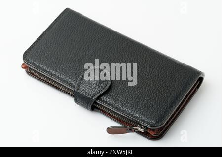 New black leather wallet purse isolated on white studio background Stock Photo