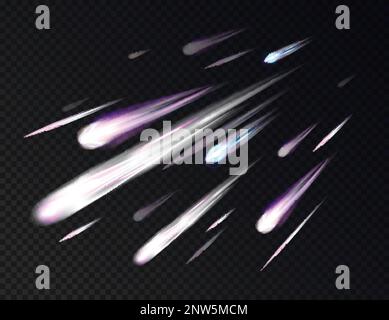 Realistic space meteor rain composition with dark background and view of bright meteorite shower with tails vector illustration Stock Vector