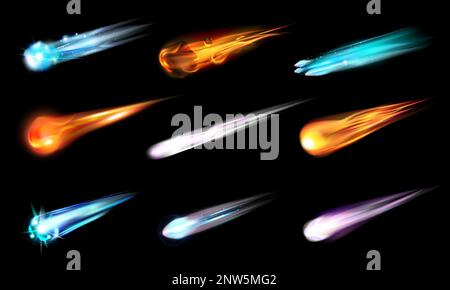 Realistic space meteor comet star set with isolated icons colorful images of flying meteorites with tails vector illustration Stock Vector