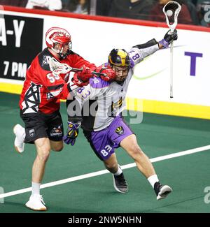 San Diego Seals player Austin Staats, rt, battles with Calgary Roughnecks  player Shane Simpson during NLL lacrosse action in Calgary, Alta., on Sat.,  Feb. 29, 2020. (Larry MacDougal via AP Stock Photo - Alamy