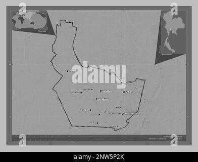 Nonthaburi, province of Thailand. Grayscale elevation map with lakes and rivers. Locations and names of major cities of the region. Corner auxiliary l Stock Photo